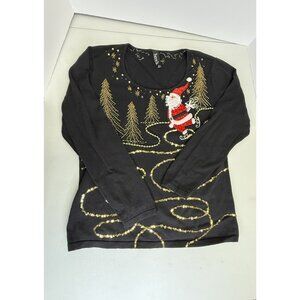 Berek Christmas Sweater Sequins Black Gold  XL Santa Ice Skating Long Sleeve